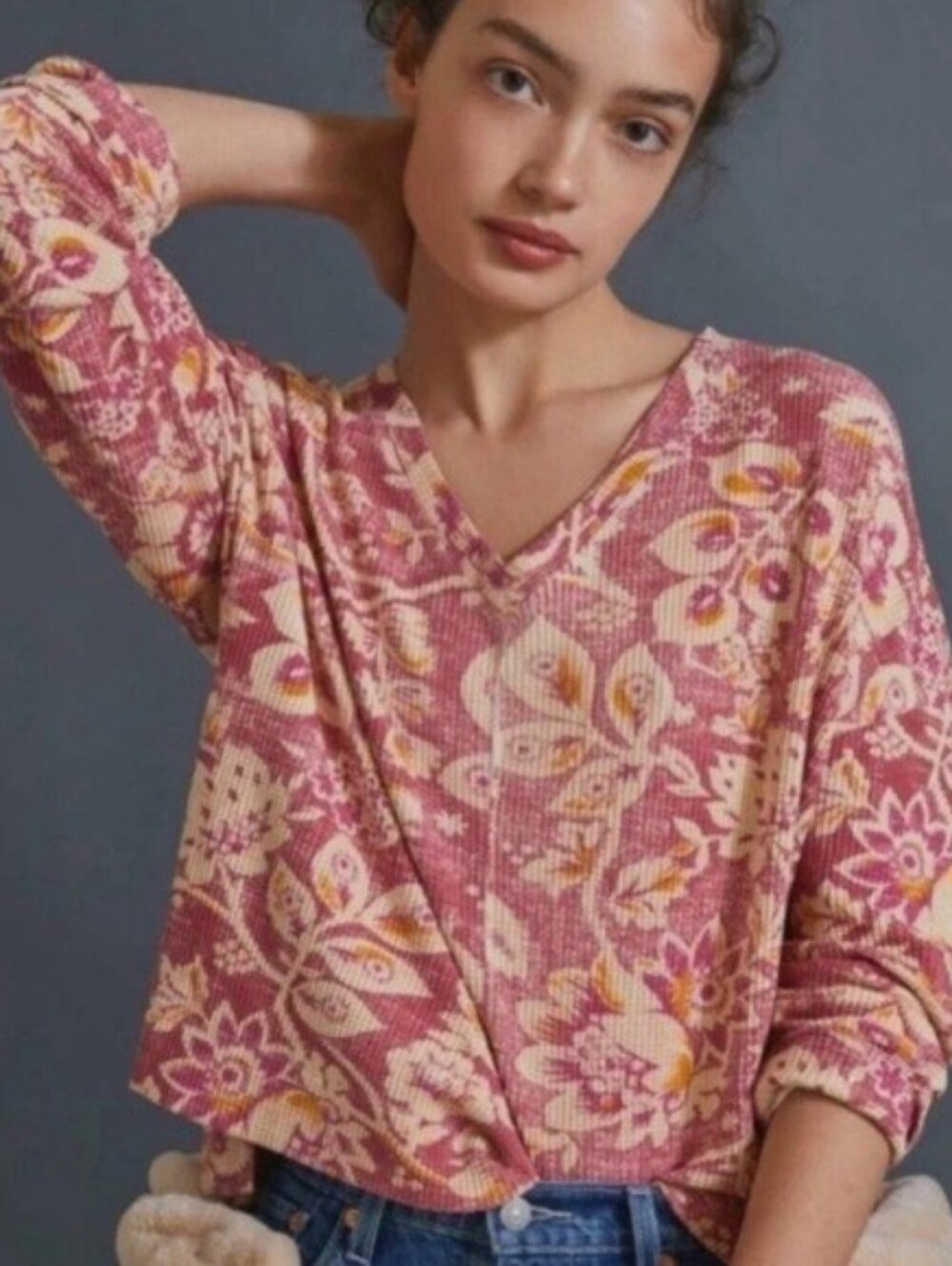 Pilcro Anthropologie Pink Floral Waffle Knit V-Neck Top Small